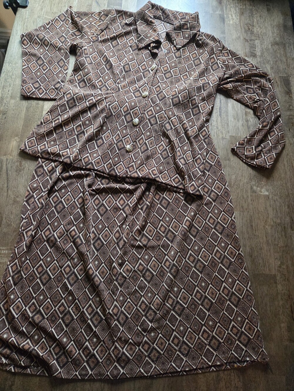 Handmade Snap Button Brown Diamond Print Two-Piece Skirt Shirt Set